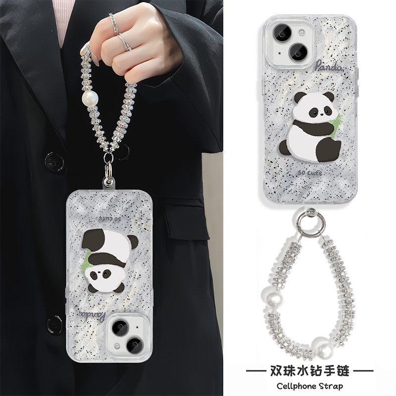 华为mate70可爱iPhone12适用14plus羽纱手链x200s卡通a5高级感小米15Ultra硬13promax手机壳带挂绳苹果16熊猫