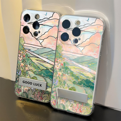 手机壳带支架14PLUS小清新适用iPhone13春日风景无边框硬17超薄ins风12ProMax苹果16透明小米15创意IQOONEO11