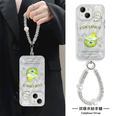 小米14羽纱苹果12硬适用16plus夏日椰子桶15ProMax高级感手腕findX8手机壳带挂绳iPhone13女款手链s19红米K80