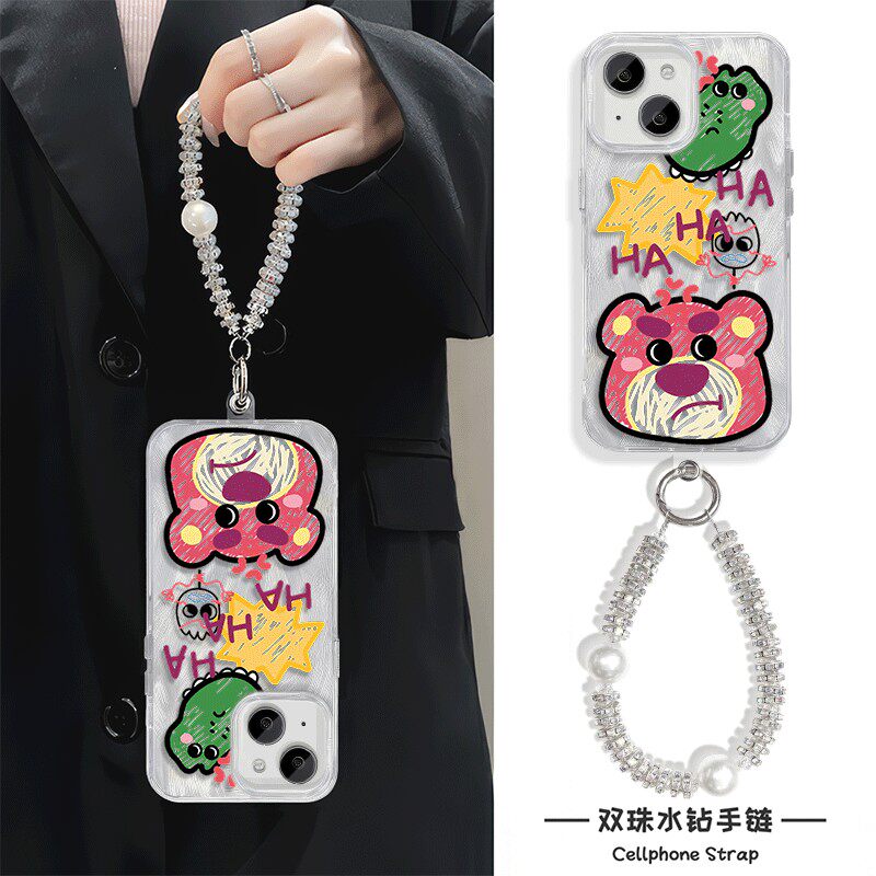 iPhone15plus适用红米note14手机壳带挂绳华为nova12Ultra羽纱苹果16硬13promax卡通手链x200s草莓熊高级感a5