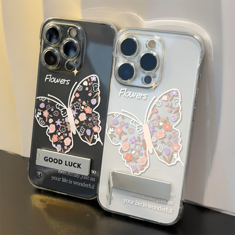 15plus透明红米note14蝴蝶花朵适用iPhone13手机壳带支架12ProMax无边框苹果16超薄华为Pura80高级感a5高颜值