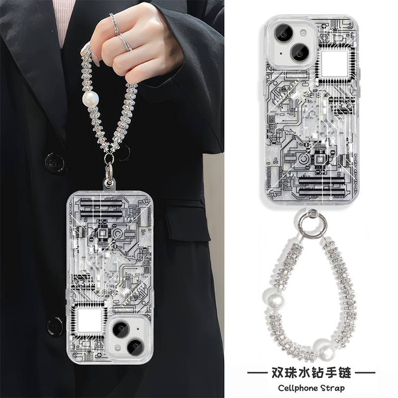 苹果16plus羽纱14芯片ic集成电路机械手腕Findx8手机壳带挂绳iPhone13高级感手链链条12适用硬15ProMax个性a5