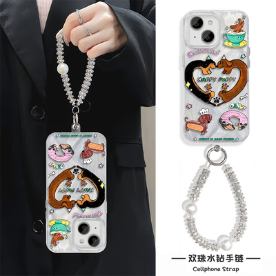 高级感17ProMax适用OPPOK13TURBOPRO苹果16羽纱硬NOTE15汉堡腊肠狗iPhone12卡通手机壳带挂绳14plus创意X200S
