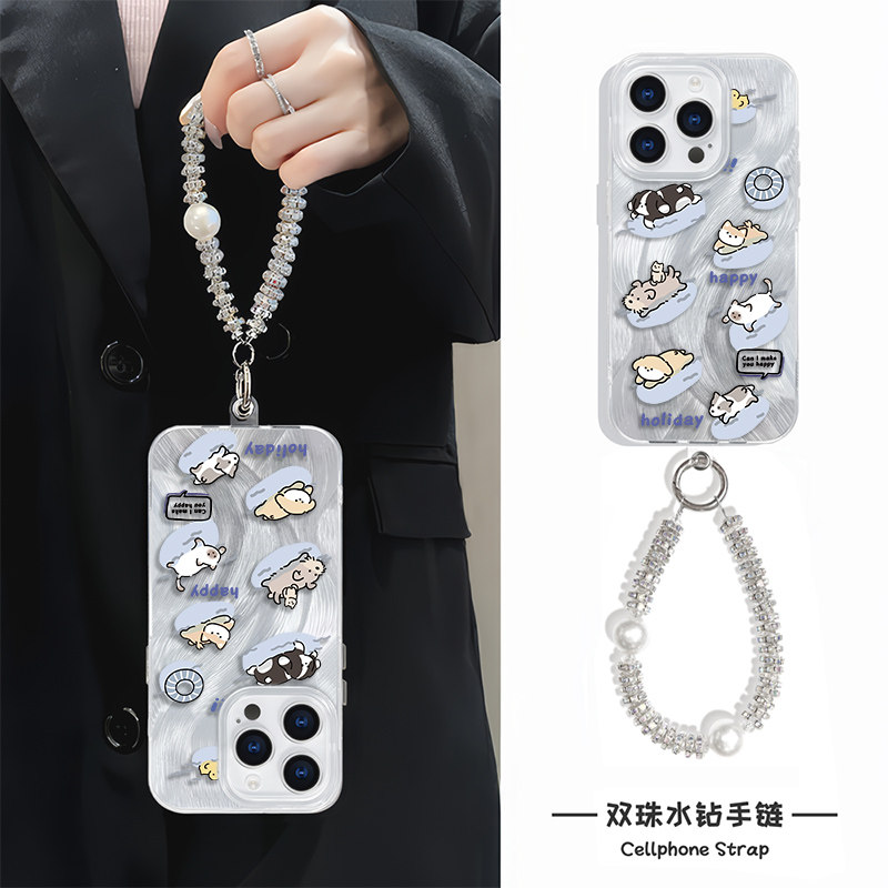 游泳可爱小狗iPhone14plus适用羽纱12ProMax华为Nova13卡通苹果16硬手机壳带挂绳手链y300i小米15ultra高级感