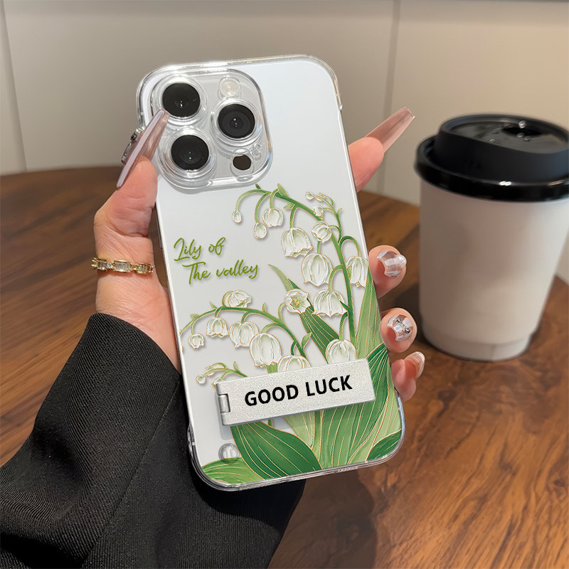 OPPOFINDX8透明iPhone13超薄k90苹果17适用ins风小米15小清新16PLUS铃兰花从手机壳带支架14无边框硬12ProMax