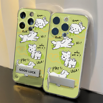英文小狗13ProMax高级感透明S20手机壳带支架硬一加ACE5ULTRA超薄适用16PLUS小米15卡通苹果12无边框iPhone14