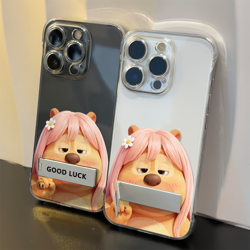 苹果14适用iPhone17可爱透明红米TURBO5无边框手机壳卡通15pm带支架硬超薄13ProMax高级感16PLUS比耶花朵熊二