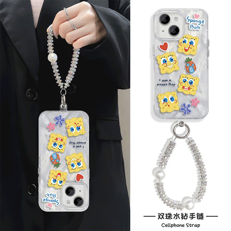 海绵宝宝iPhone15手机壳带挂绳NOTE14羽纱HI畅享70Plus适用链条13硬K80苹果16ProMax高级感Y300女12卡通ins风