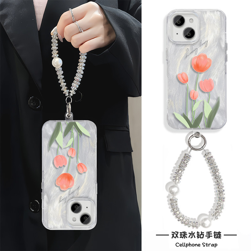 女款15适用14plus羽纱a5华为nova12Ultra硬苹果13promax手机壳带挂绳iPhone16花朵手链x200s高级感华为mate70