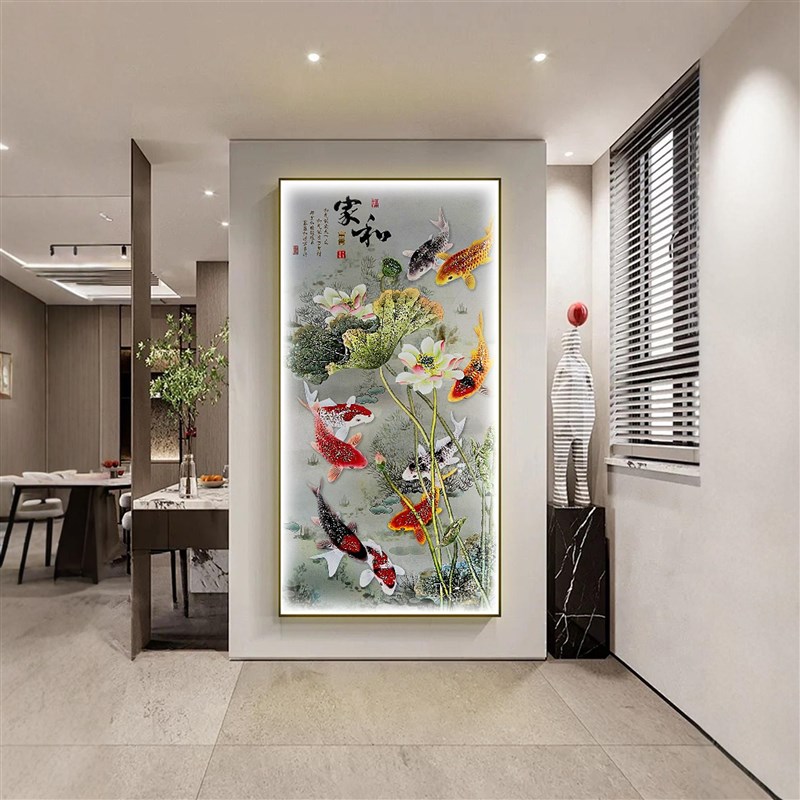 入户玄关装d饰画正对门九鱼聚财好寓意过道挂画中式走廊镶钻晶瓷