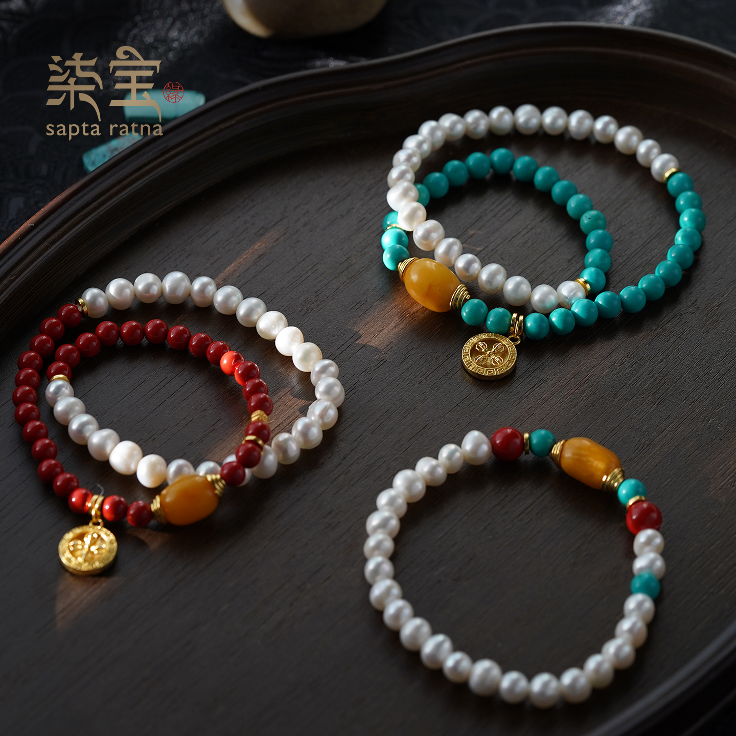 七宝缘扎西卓玛蜜蜡朱砂松石珍珠手串天然淡水珍珠手链原创设计