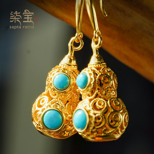 七宝缘天然925银镂空葫芦松石耳饰新中式松石耳钉福禄松石耳坠