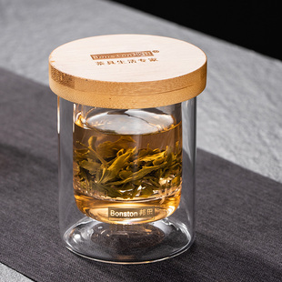 双层玻璃杯家用i隔热带盖水杯子简约办公茶杯透明加厚带过滤玻璃