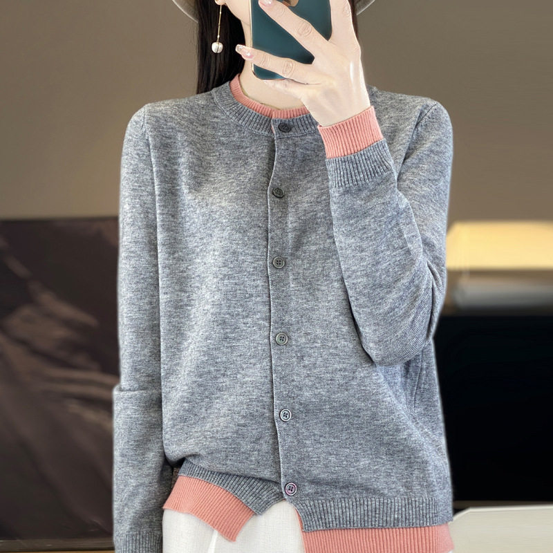 2024春季薄款假两件针织开衫女拼色毛衣外套宽松长袖上衣外搭大码