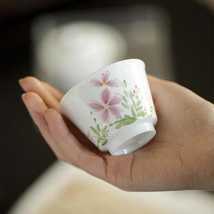玉泥白瓷手绘主人杯功夫茶具家用陶瓷花影星芒茶杯喝茶品茗杯