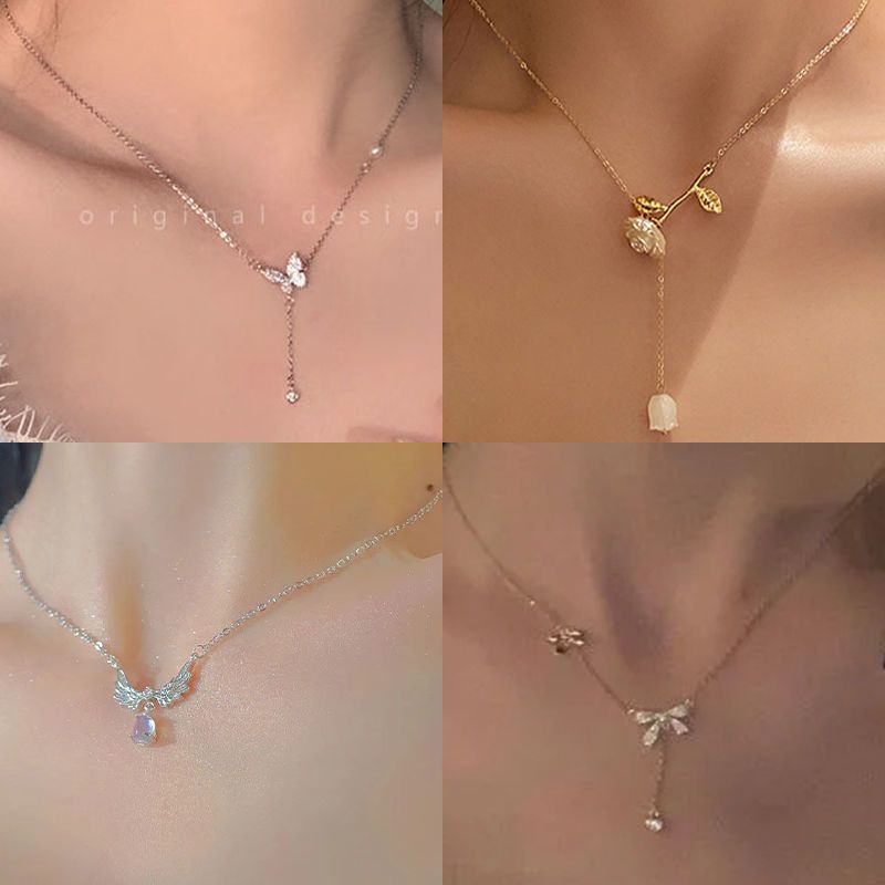 山茶花满钻蝴蝶珍珠项链女高级感轻奢小众流苏锁骨链2023年新款潮