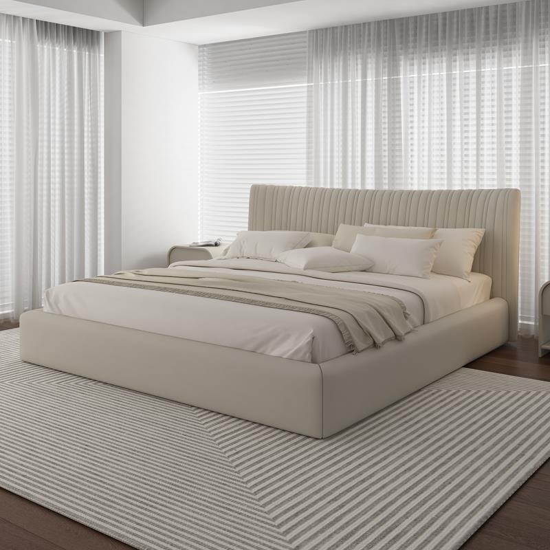 朴笙记榉木排骨架雪隆真皮床法式奶油风北欧意式极简主卧双人大床