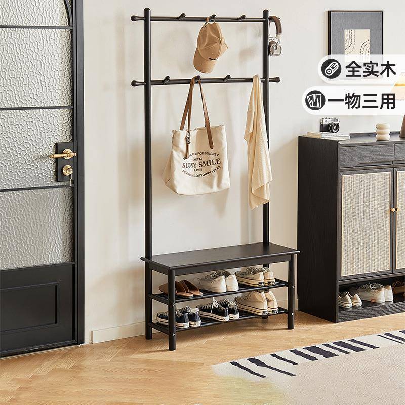 实木换鞋凳衣帽架一体门口家用挂衣架入户玄关可坐鞋柜家用穿鞋凳