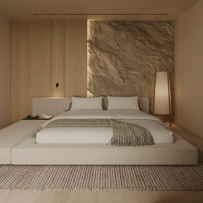 朴笙记豆腐块侘寂风奶油风布艺床小户型软包北欧双人床榉木排骨架