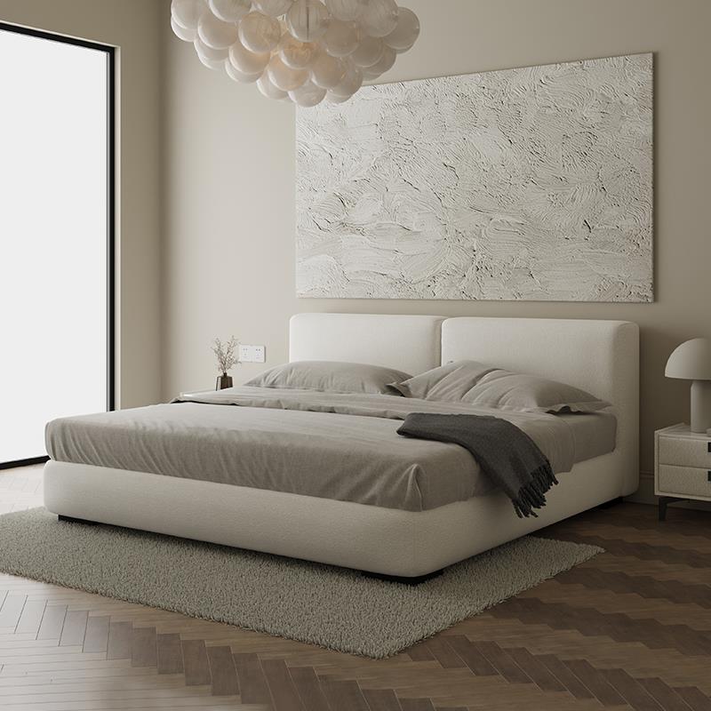 朴笙记豆腐块侘寂风奶油风布艺床小户型软包北欧双人床榉木排骨架