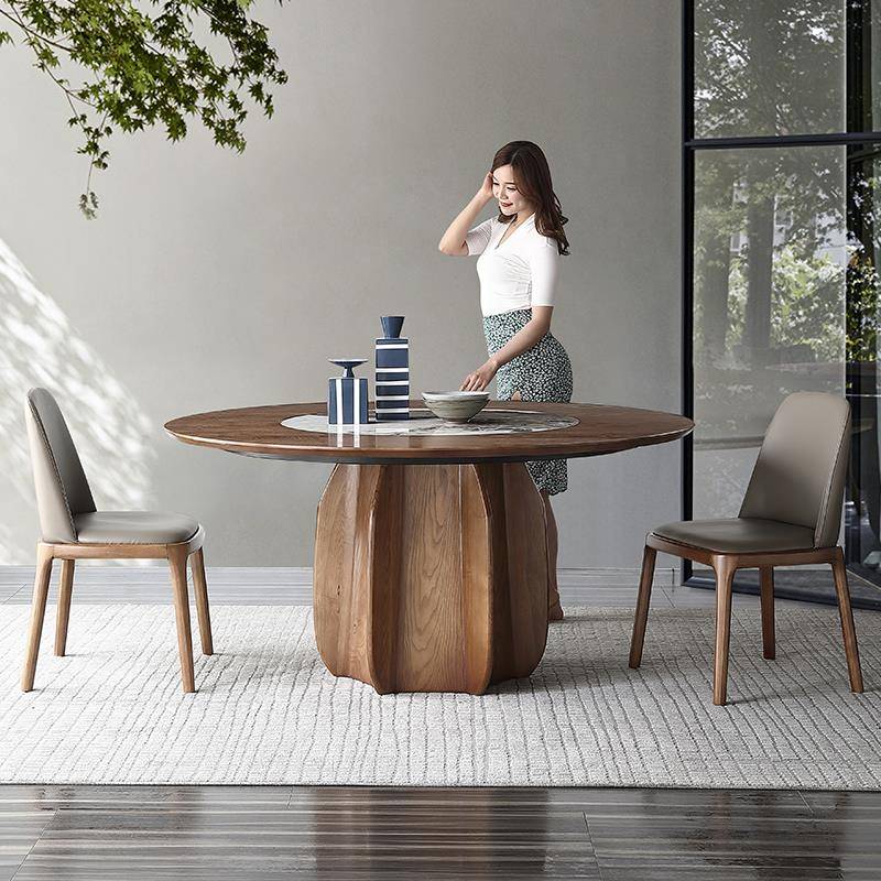 进口岩板圆形餐桌 实木内嵌转盘 中式家用小户型餐桌椅组