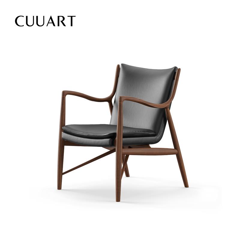 北欧实木沙发椅单人真皮设计师客厅书房会所洽谈休闲椅45 Chair