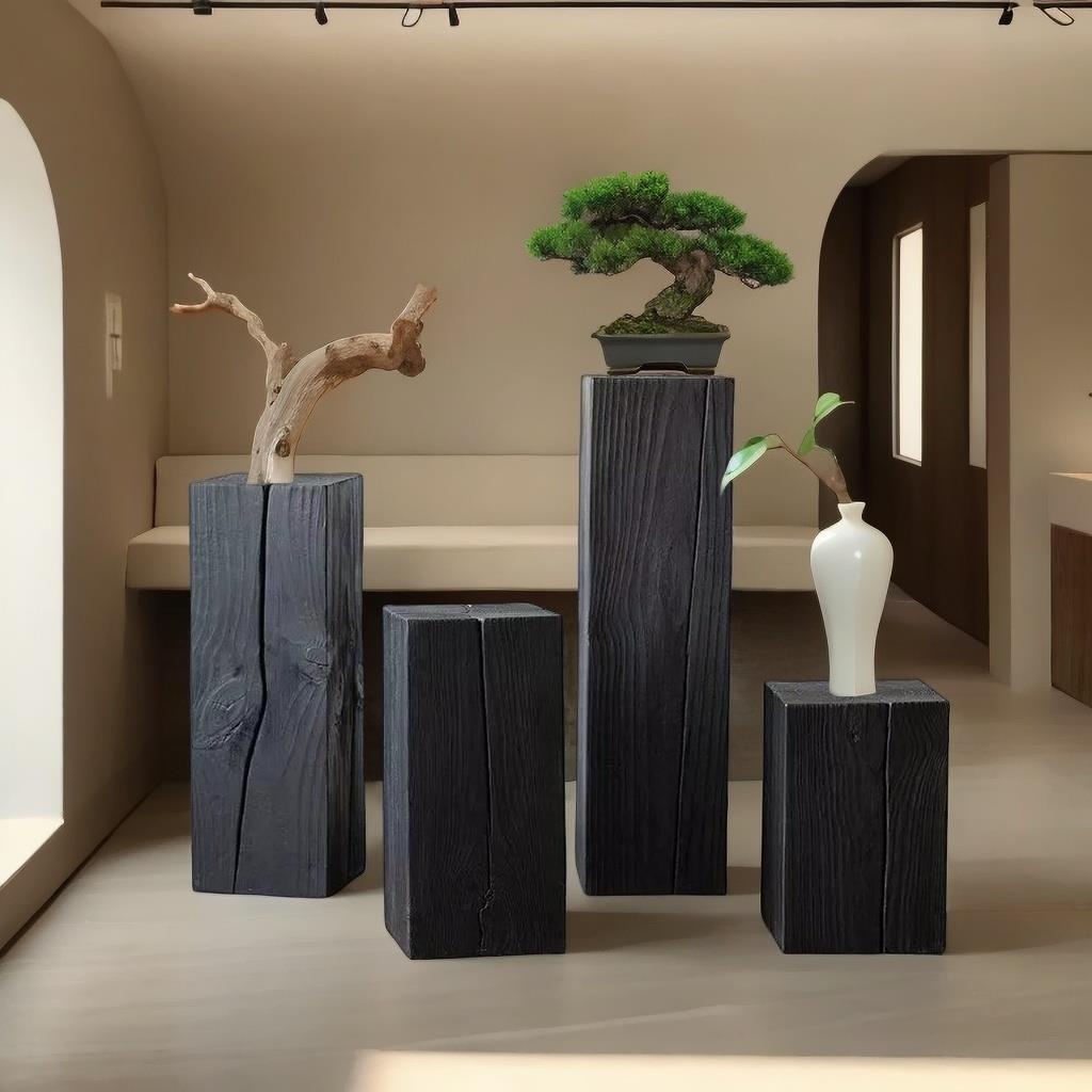 侘寂风碳化木墩复古原木方形木墩子民宿酒店实木花架摆件艺术玄关