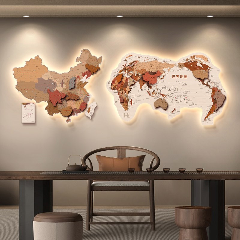 世界地图挂画发光拼接挂画客厅装饰画原木质立体感办公室地图挂画