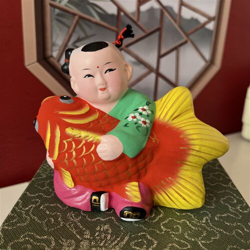天津泥人张彩塑莲年有余泥娃娃抱鱼摆件商务会议礼X品旅游纪念品
