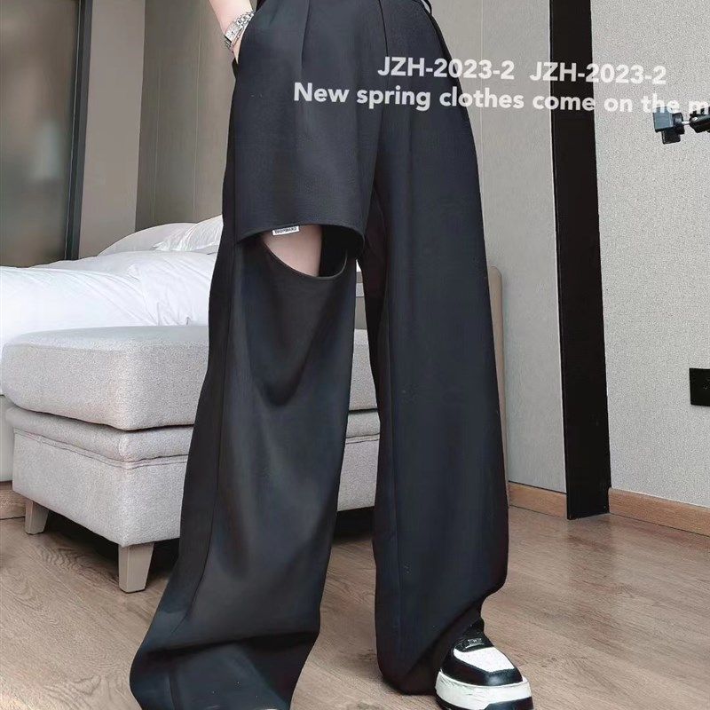 欧货夏季薄款设计感黑色休闲拖地裤宽松H西裤女小众独特直筒阔腿