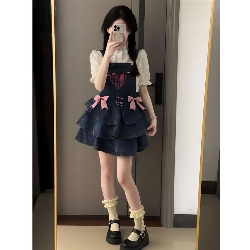可爱甜辣风牛仔背带套装裙女夏季新款夏日绝美Q泡泡袖百褶裙两件