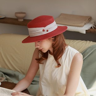 彩色夏天 多巴胺细纸草平顶小礼帽夏G季平檐宽沿草帽女遮阳沙滩帽