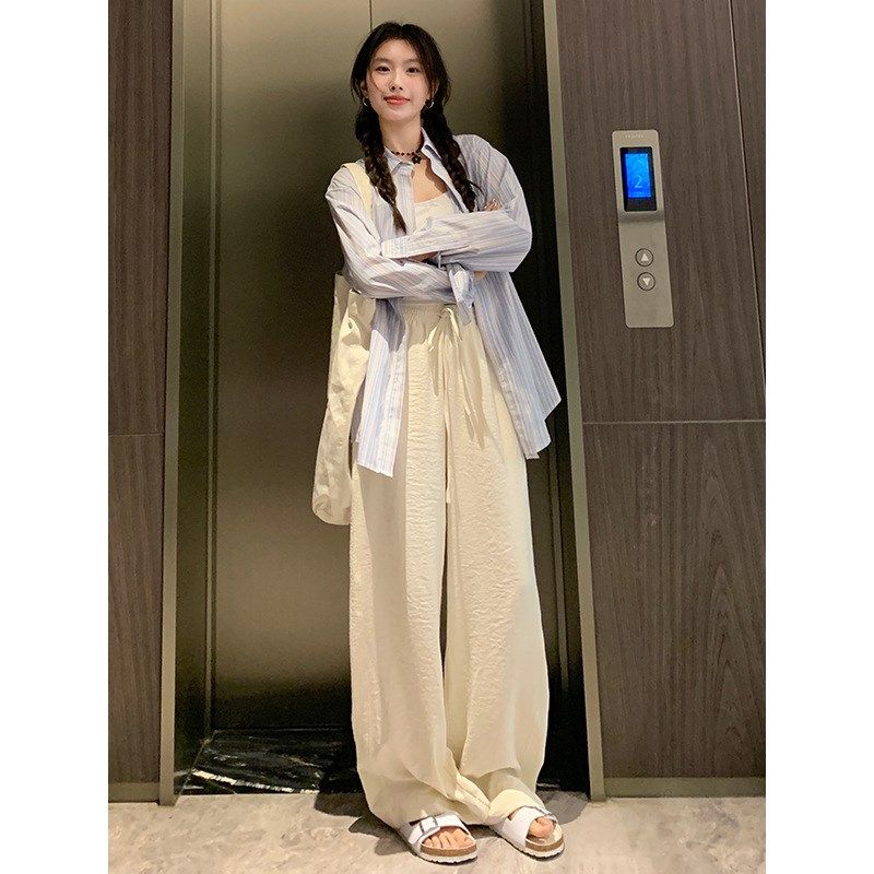 软糯奶皮阔腿裤女2024春夏打工裤白色慵懒松紧腰宽松薄.款拖地长