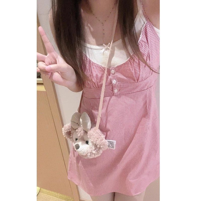 bm粉色森系叠穿格子小个子甜美少女感收腰吊带连衣裙短款女夏