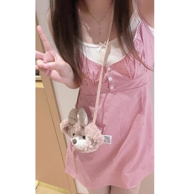bm粉色森系叠穿格子小个子甜美少女感收腰吊带连衣裙短款女夏