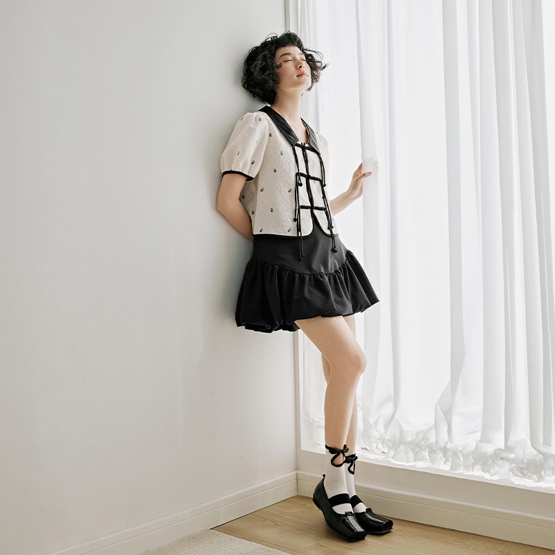 PIT复古国风碎花衬衫女夏季新款小衫短袖新中式盘扣提花上衣