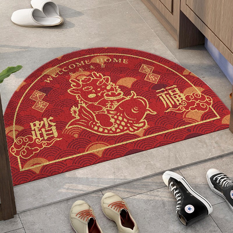 红色喜庆踏福地垫半圆丝圈入户门垫年年有余门口玄关进门室内脚垫