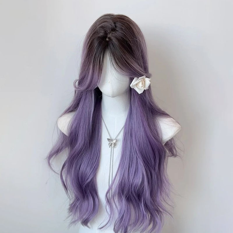 紫藤花假发女灰紫色渐变长卷发中分八字刘海夏季爆顶染全头套整顶