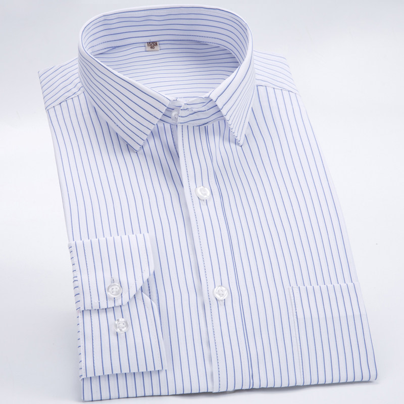 男士商务长袖职业休闲工装白色条纹衬衣宽松加大码定制衬衫绣logo