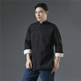 新中式春夏季款国风改良汉服中袖立领盘扣复古唐装男士茶禅意上衣