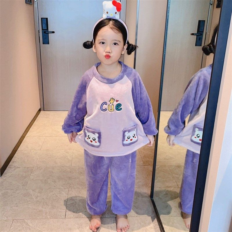 儿童法兰绒睡衣男童秋冬保暖珊瑚绒圆领套头家居服女宝宝加绒套装