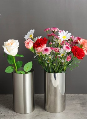 304不锈钢插花瓶客厅桌面水培简约圆柱鲜花盆北欧个性装饰摆件