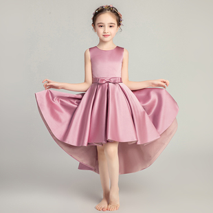 女童晚礼服公主裙无袖缎面儿童钢琴演出服模特走秀表演服装洋气粉