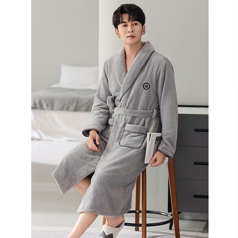 睡袍男士睡衣冬季珊瑚绒加厚加绒男款秋冬款法兰绒长款浴袍家居服