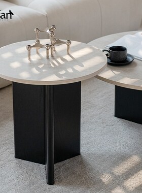 舒梵双子茶几/洞石岩板耐造/简约黑色/中古柚木色大小圆茶几组合