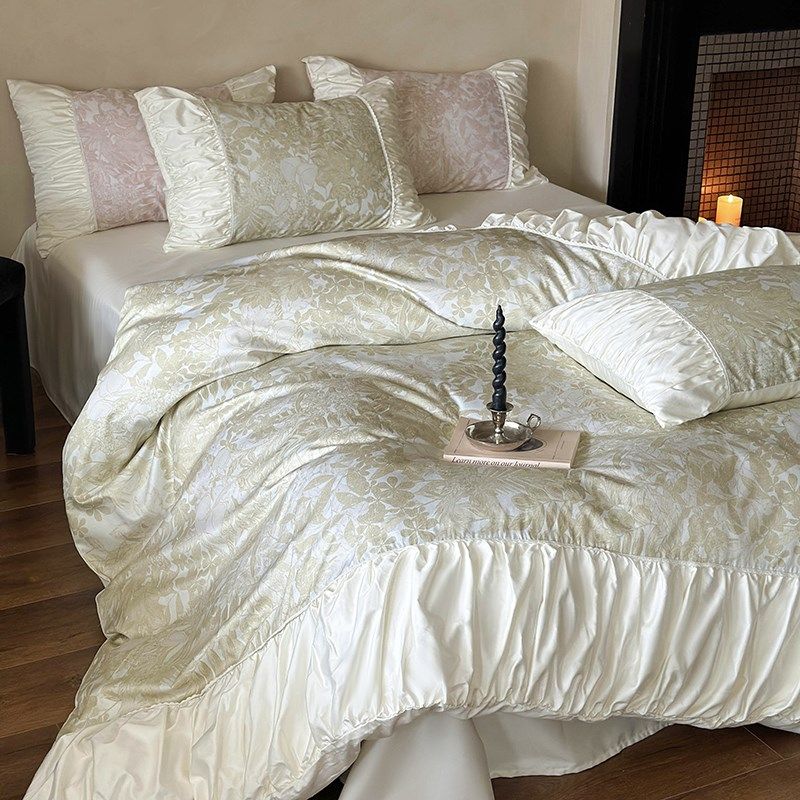 薄荷少女心韩式100S全棉长绒棉四件套纯棉花边被套床单床笠床品