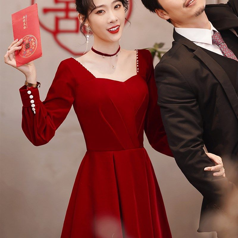 秋季敬酒服新娘2025高级感红色小个子长款礼服连衣裙回门长袖礼服