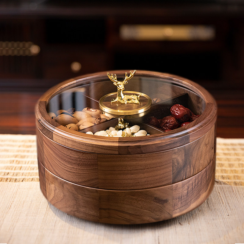 中式新年礼盒水果盘客厅家用分格茶几干果收纳盒零食密封实木果盒