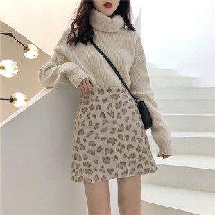 豹纹半身裙女秋冬大码高腰毛呢短裙胖mm复古百搭包臀a字裙子200斤