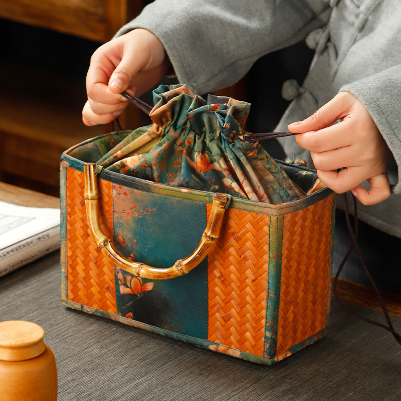 复古中式锦缎竹编包手提篮文艺风旅行便携手拎茶具收纳包布袋茶箱